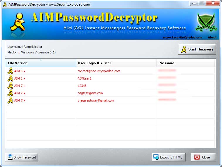 Windows 7 Password Decryptor for AIM Messenger 5.0 full