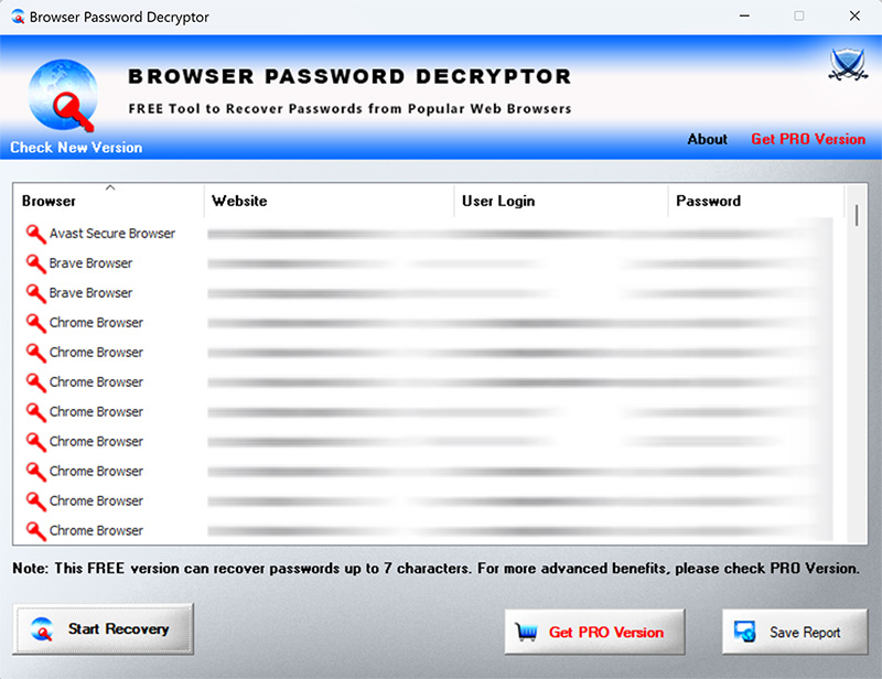 BrowserPasswordDecryptor showing recovered passwords