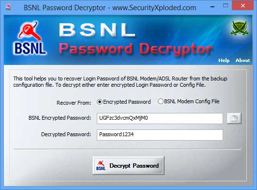 BSNL Password Decryptor screenshot