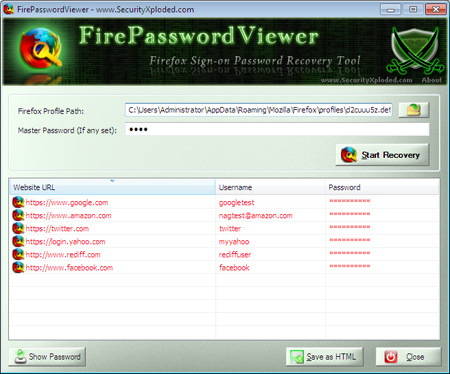 FirepasswordViewer showing the sign-on information