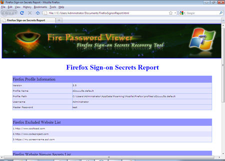 FirepasswordViewer showing the saved sign-on html file