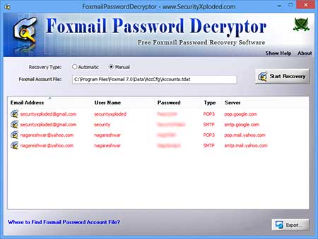 FoxmailPasswordDecryptor showing recovered passwords