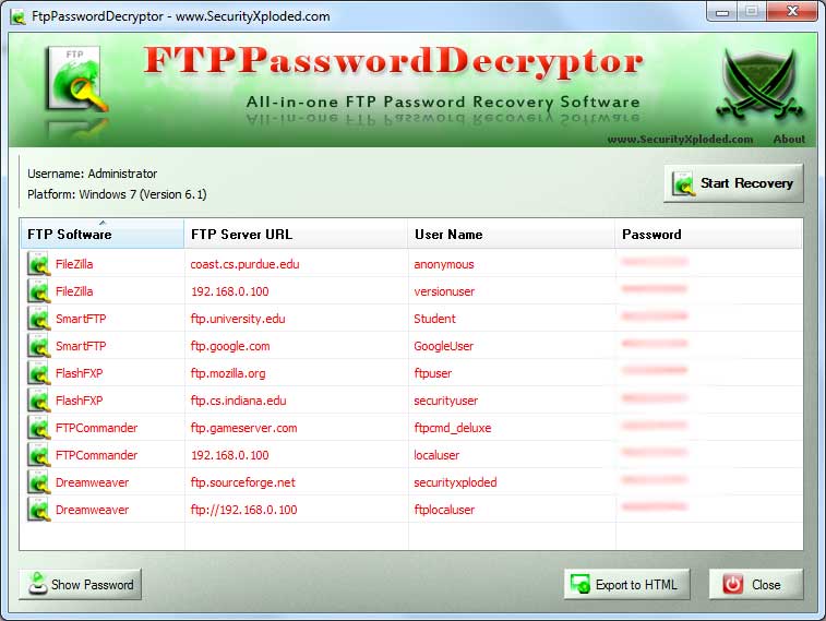 Windows 7 FTP Password Decryptor 6.0 full