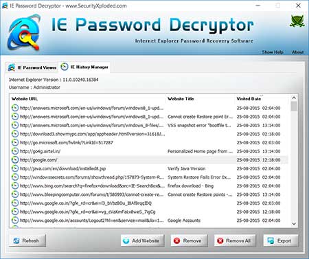 IEPasswordDecrytor showing the IE history