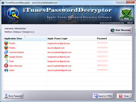 Apple iTunes Password Decryptor screenshot