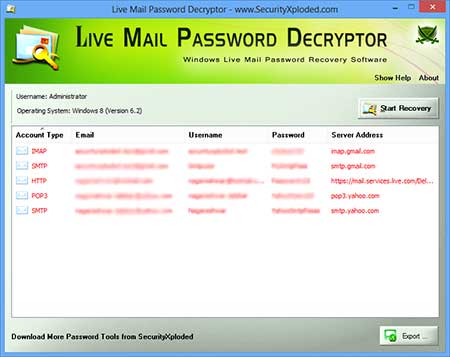 Live Mail Password Decryptor screenshot