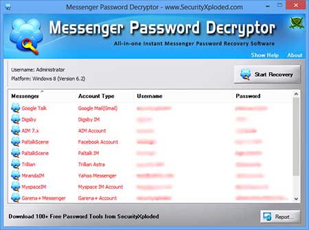 MessengerPasswordDecryptor showing recovered passwords