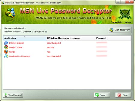 MSN Live Password Decryptor screenshot