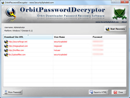 Orbit Password Decryptor screenshot