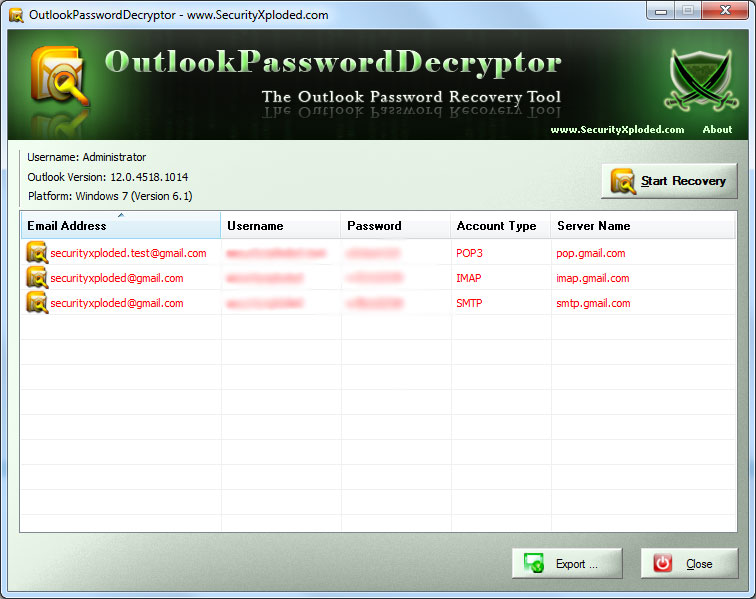 The Outlook Password Recovery Tool