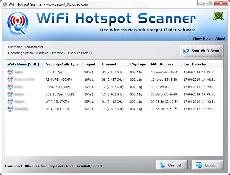 WiFiHotspotScanner showing recovered passwords