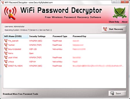 WiFiPasswordDecryptor showing recovered passwords