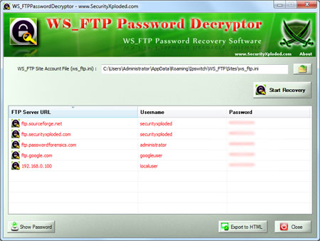 WS_FTPPasswordDecryptor showing recovered passwords
