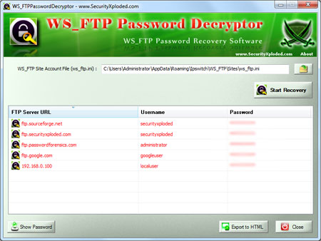 WS_FTP Password Decryptor: Free WS_FTP FTP Login Password Recovery Software