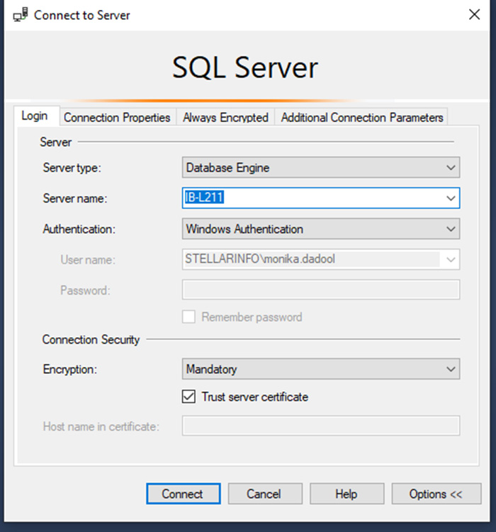 SSMS login with server details
