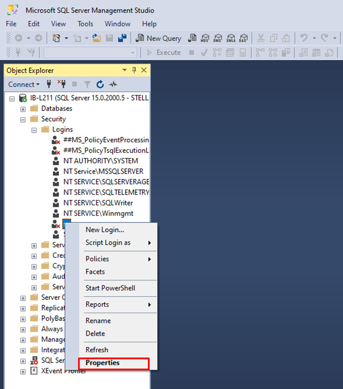 Object Explorer showing Security and Logins with SA account right-clicked and Properties option visible
