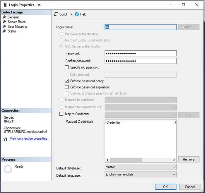 Changing and confirming account password in SSMS Properties window