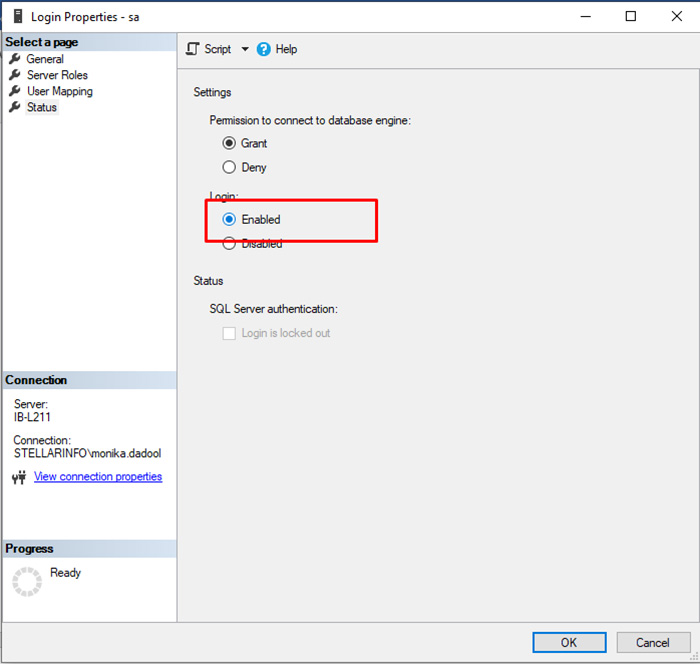 On the Status page change Login to Enabled Click OK to save the applied change