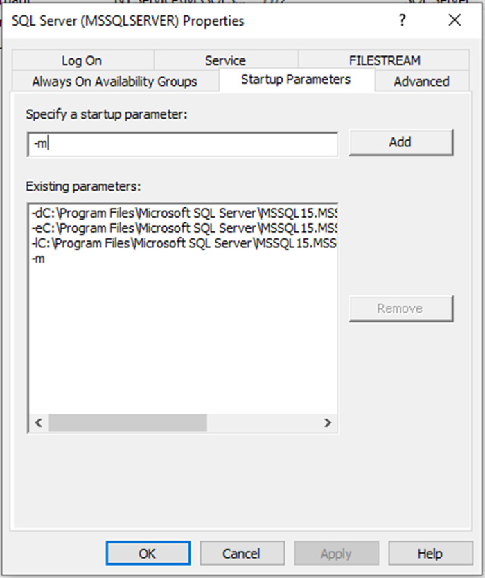 Adding m parameter in SQL Server service properties