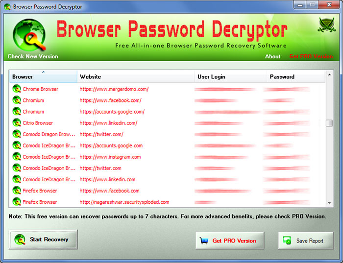 BrowserPasswordDecryptor showing recovered passwords