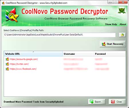 CoolNovoPasswordDecryptor showing the Chrome Secrets