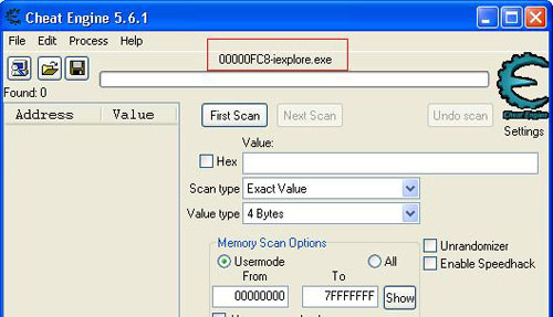 cheat engine attached to IE