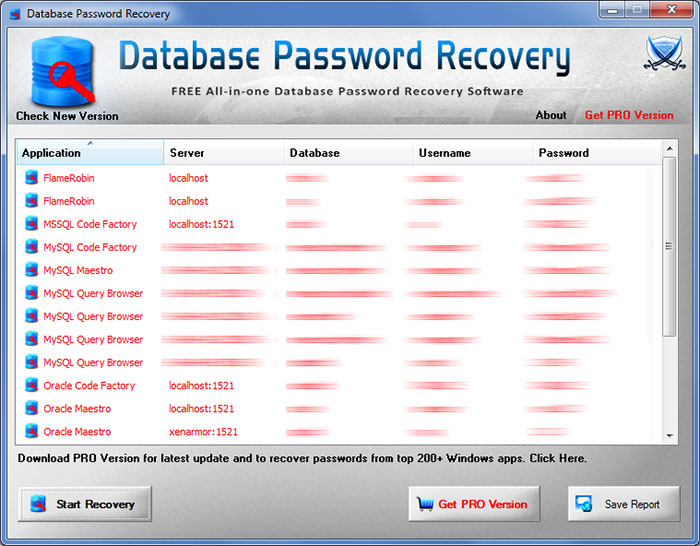 Database Password Recovery showing recovered passwords