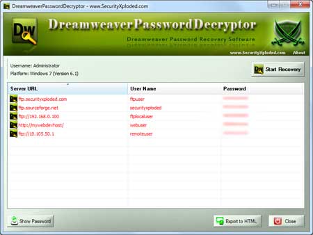 Launched Dreamweaver Password Decryptor !