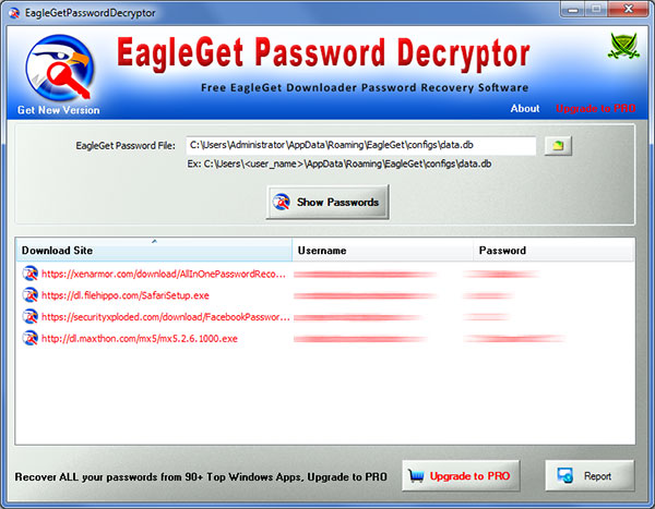 EagleGet Password Decryptor showing the saved login passwords