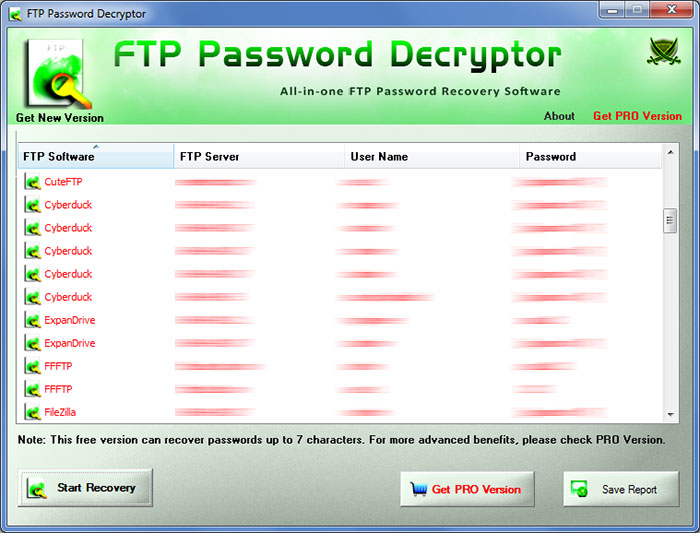 FTP Password Decryptor showing recovered passwords