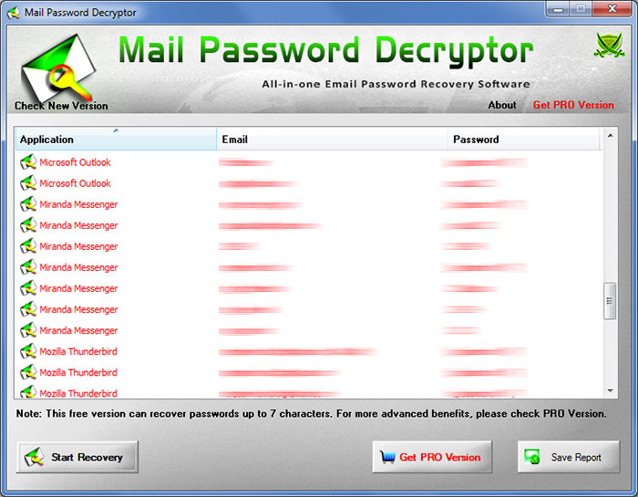 MailPasswordDecryptor showing recovered passwords