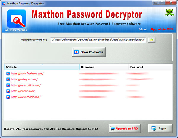 Maxthon Password Decryptor showing the saved login passwords