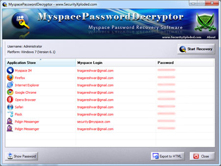 MyspacePasswordDecryptor showing recovered passwords