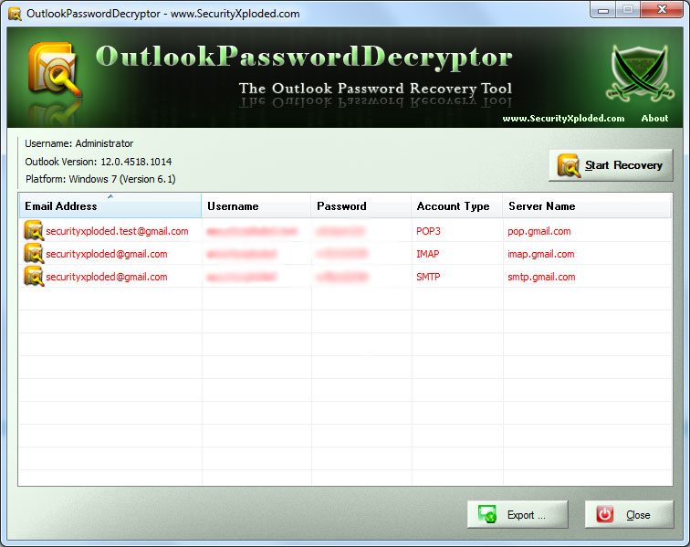 Outlook Password Decryptor screenshot