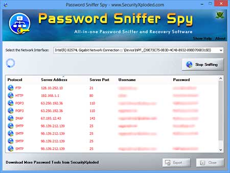 PasswordSnifferSpy showing recovered passwords