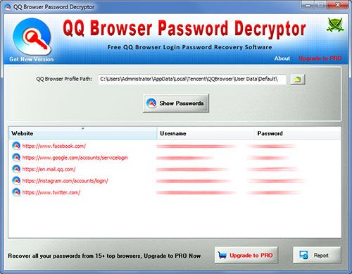 QQ Browser Password Decryptor showing the saved login passwords