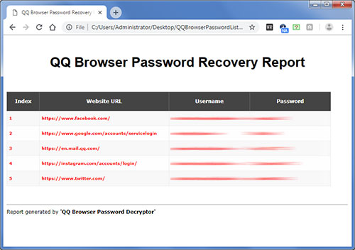 QQ Browser Password Decryptor showing the saved sign-on html reprot