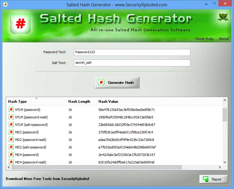 Salted Hash : Free All-in-one Tool to Generate Salted Hash for MD5/SHA1/SHA256/SHA512/LM/NTLM | www.SecurityXploded.com