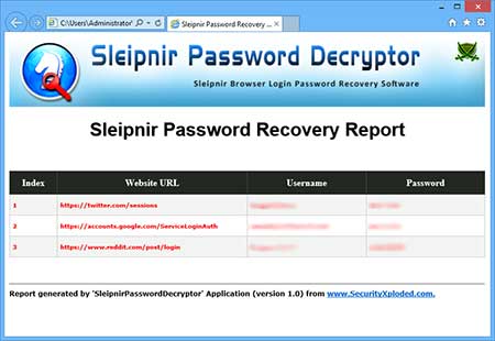 SleipnirPasswordDecrytor showing the saved sign-on html reprot