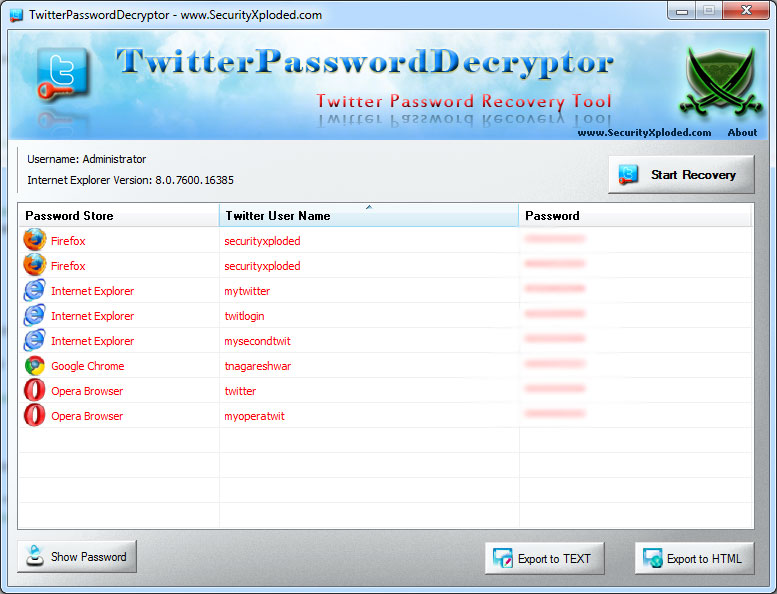 TwitterPasswordDecryptor showing recovered passwords