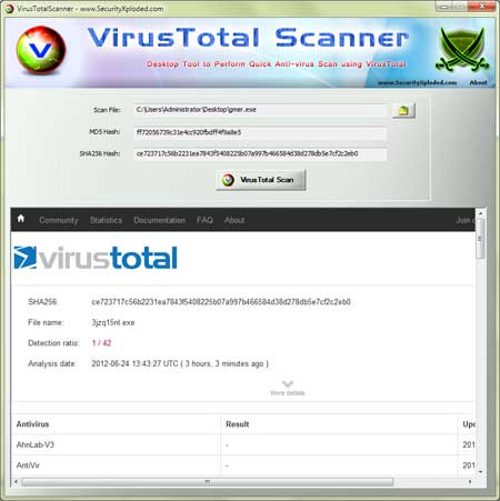 VirusTotal Scanner full Windows 7 screenshot - Windows 7 Download