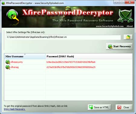 XfirePasswordDecryptor showing recovered passwords