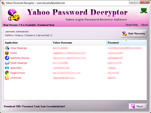 YahooPasswordDecryptor showing recovered passwords